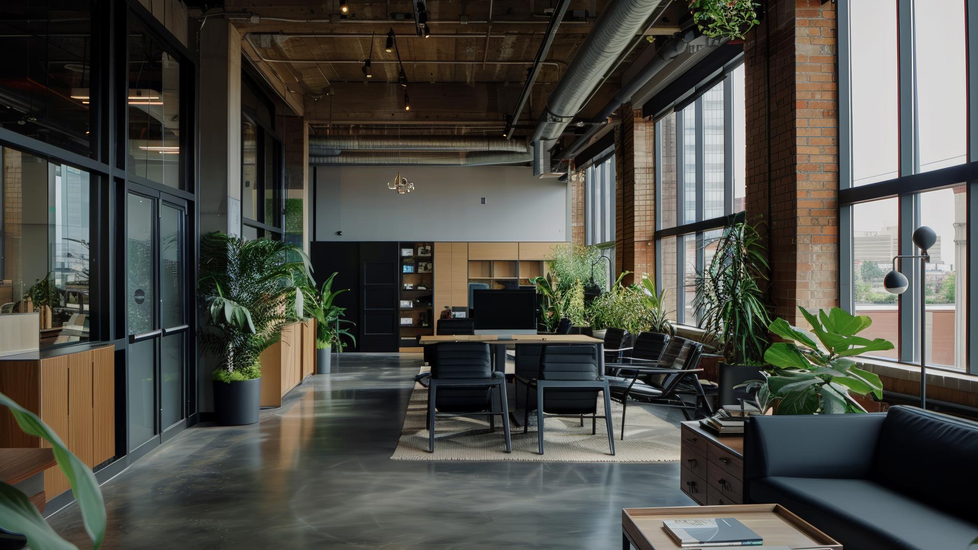 A modern office interior featuring large windows, industrial-style brick walls, and green plants. The space includes a conference table with black chairs, a lounge area with a sofa, and a minimalist design with wooden elements.